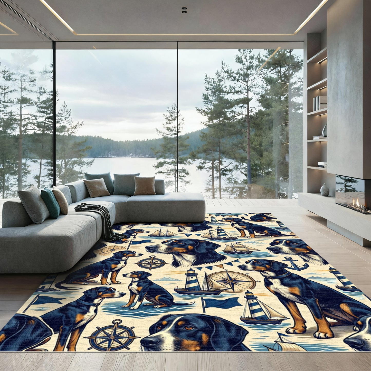 Nautical Mountain Dog and Lighthouse Illustration Rug