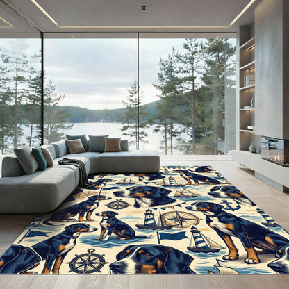 Nautical Mountain Dog and Lighthouse Illustration Rug