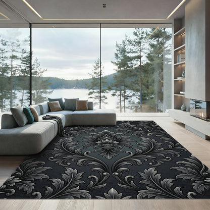Luxury Silver Charcoal Baroque Damask Rug