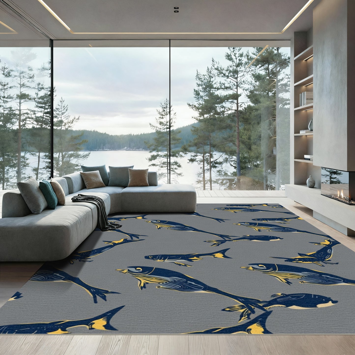 Deep Blue Yellow Fish School Rug