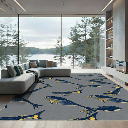 Deep Blue Yellow Fish School Rug