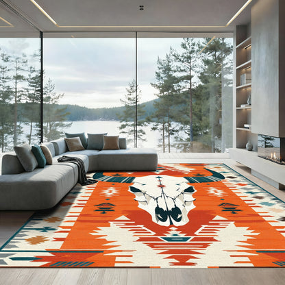 Orange And White Bull Skull Rug