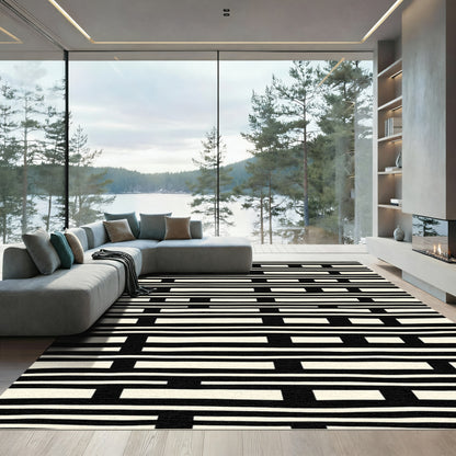 Cream Black Horizontal Rectangular Grid Rug