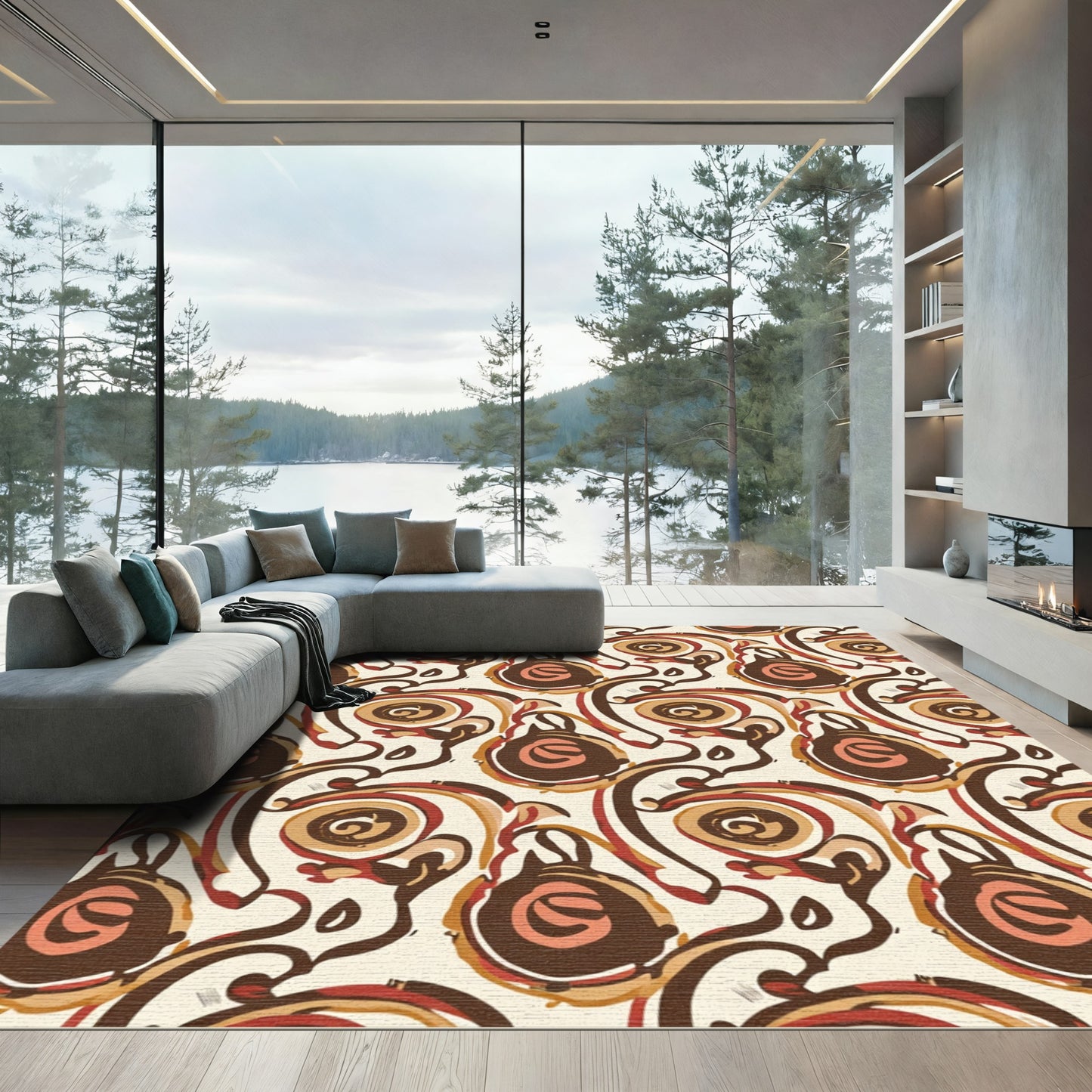 Brown Coral Swirl Abstract Medallion Rug
