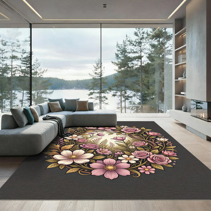 Elegant Pink Rose Floral Wreath Rug