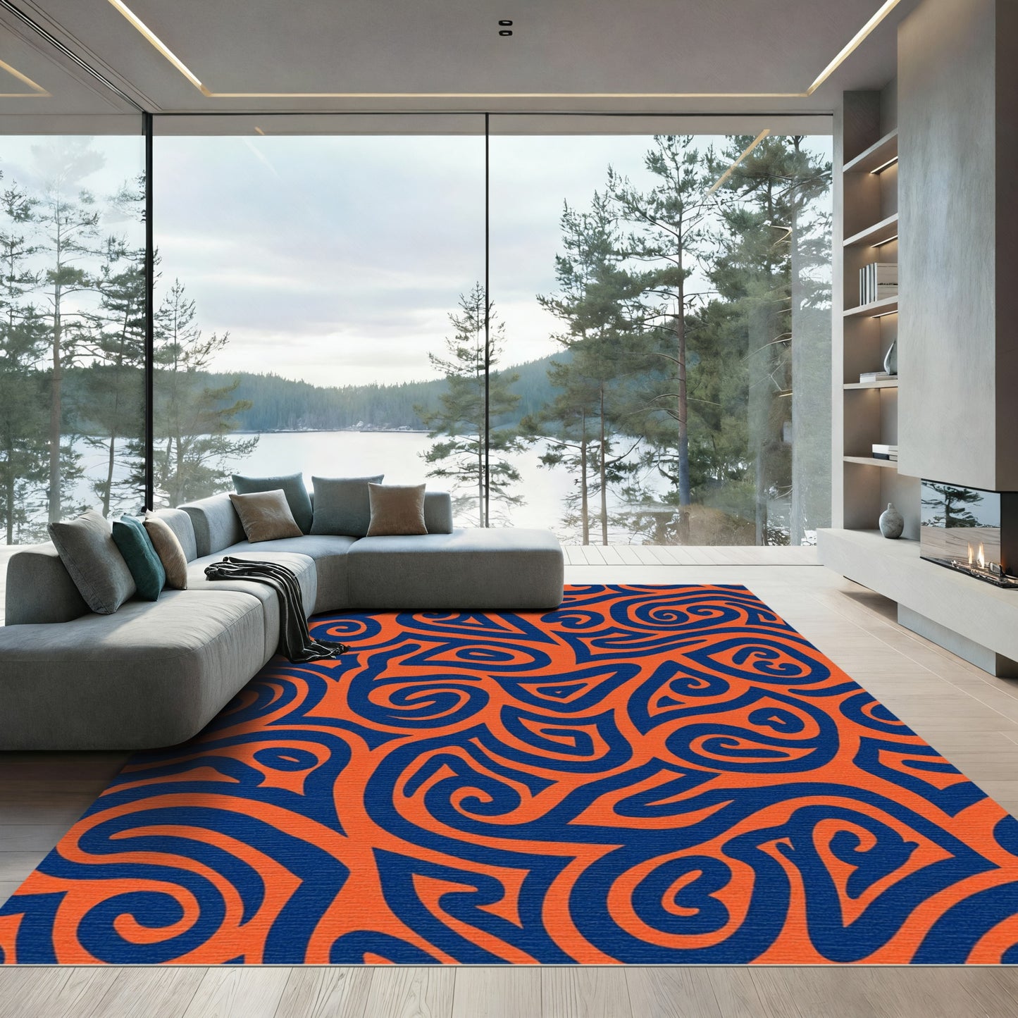 Bold Navy Swirls Orange Abstract Rug