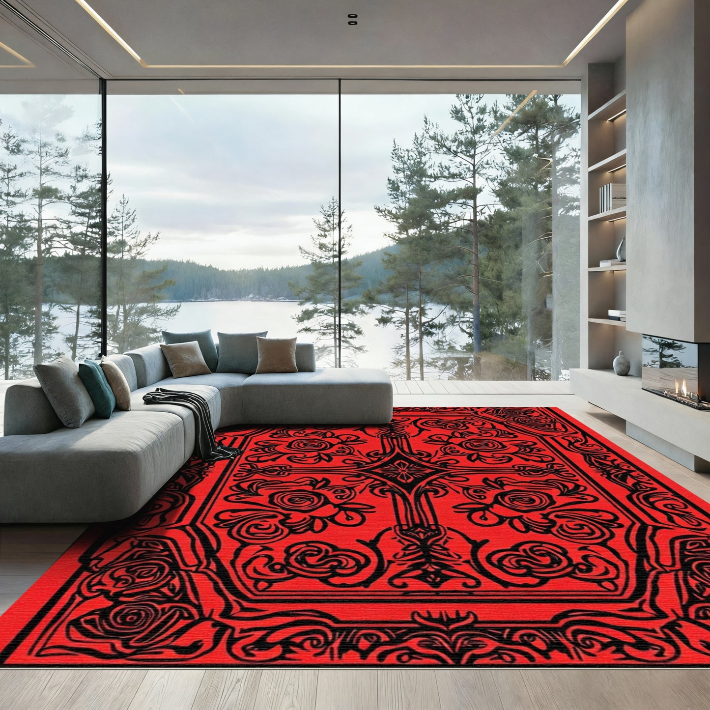 Crimson Black Floral Scroll Mandala Rug