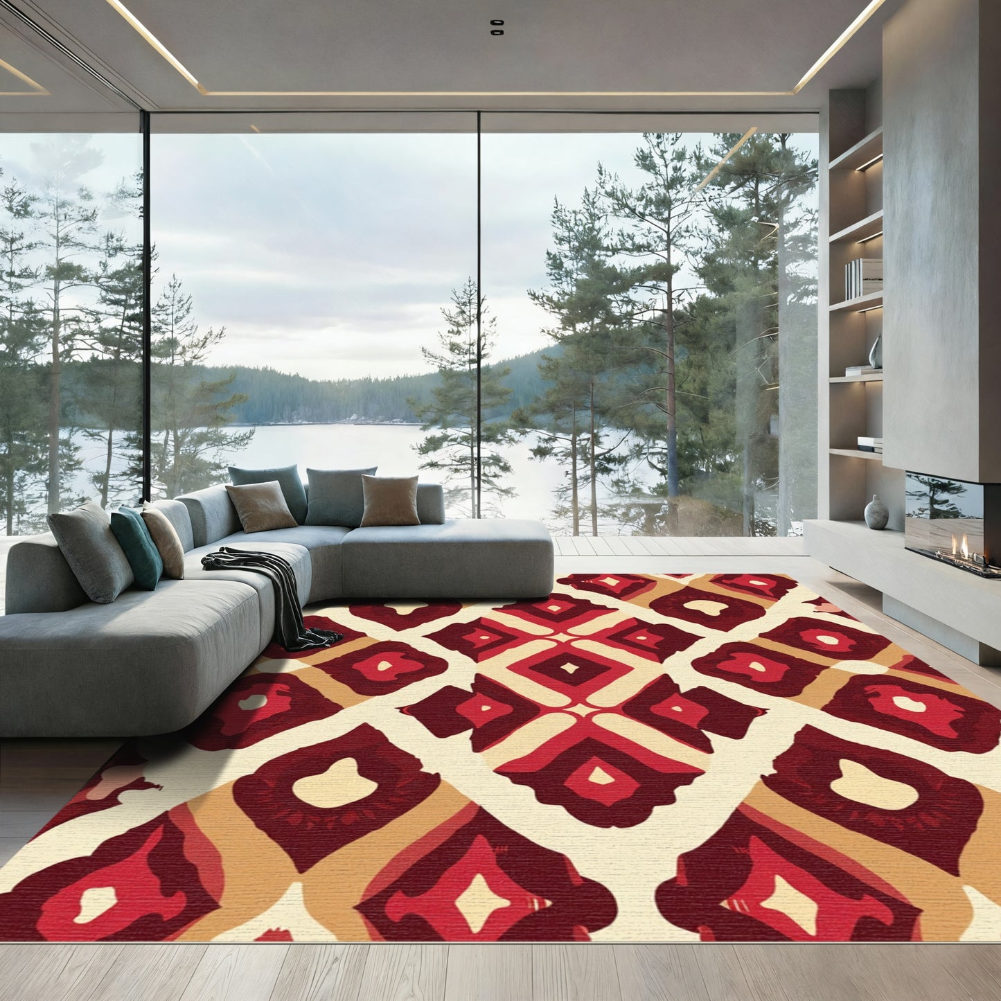 Crimson Geometric Medallion Diamond Rug