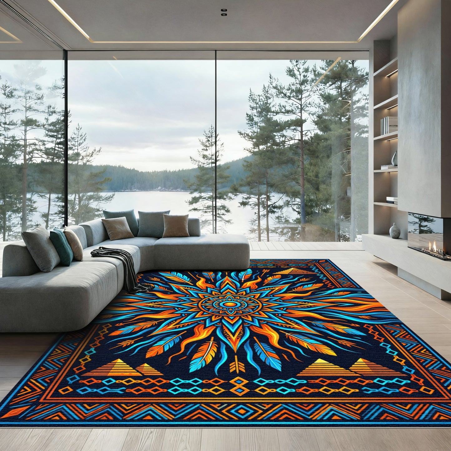 Vibrant Celestial Sun Medallion Radiant Tapestry Rug