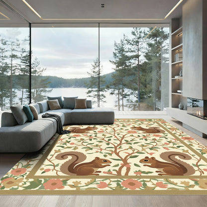 Whimsical Squirrels Floral Tree Border Rug