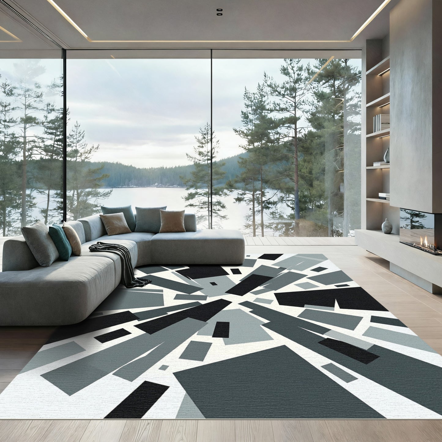 Monochrome Geometric Abstract Radiant Rectangles Rug