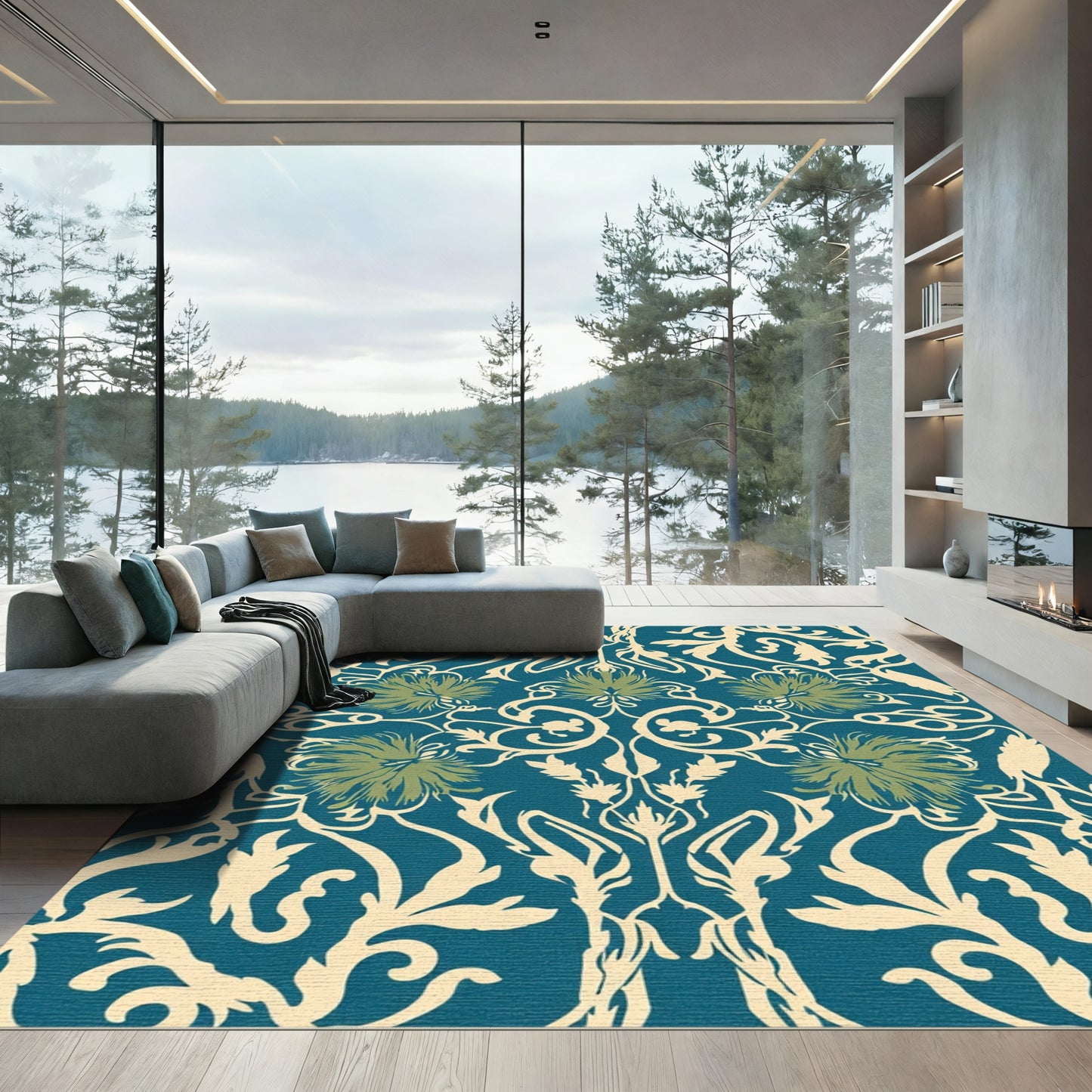 Teal Cream Floral Scroll Harmony Rug
