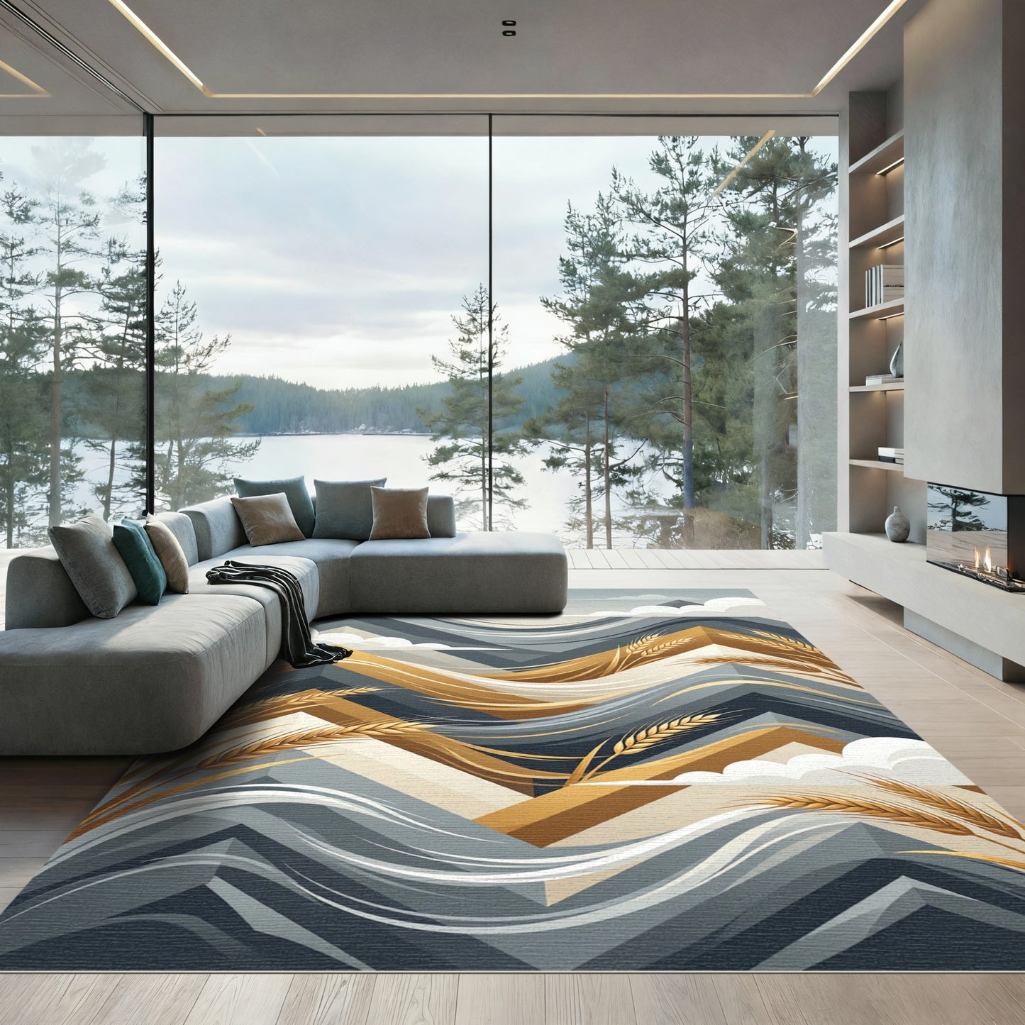 Golden Wheat Abstract Geometric Wave Rug