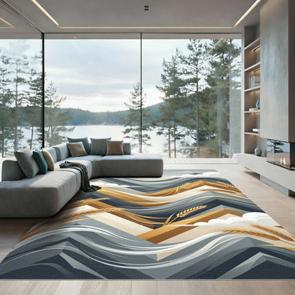 Golden Wheat Abstract Geometric Wave Rug