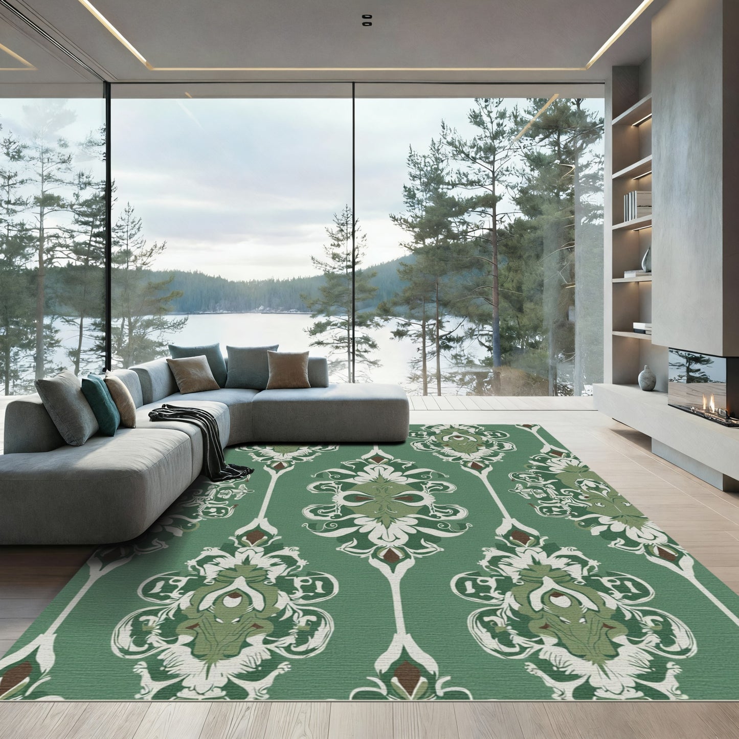 Emerald Green Ornate Scroll Medallion Rug
