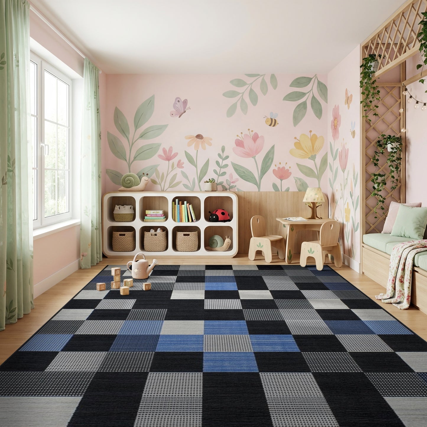 Modern Black White Blue Checkered Patchwork Rug
