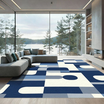 Modern Navy Blue Geometric Blocks Rug