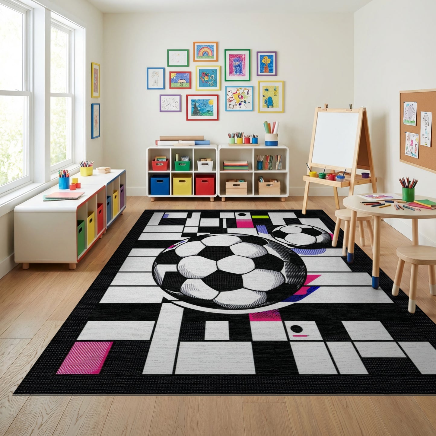 Colorful Geometric Soccer Balls Rug
