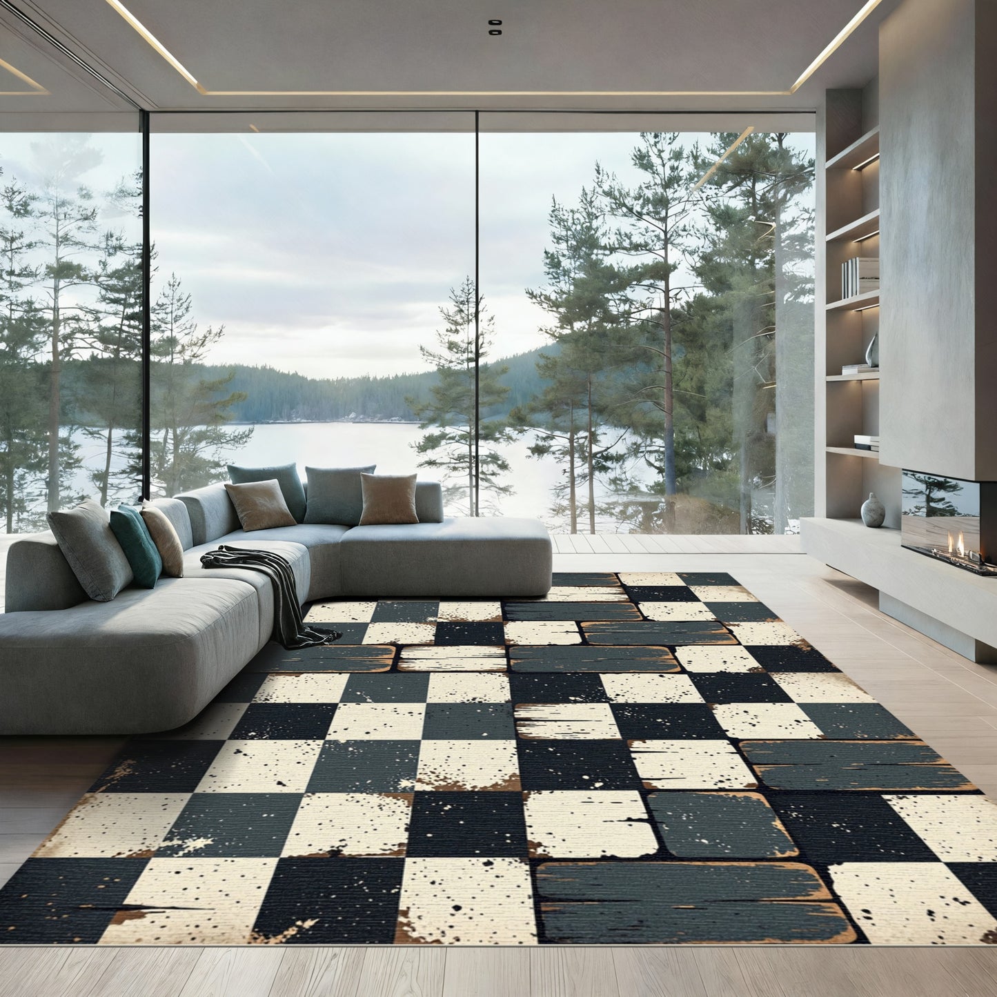 Distressed Monochrome Checkered Plank Floor Rug