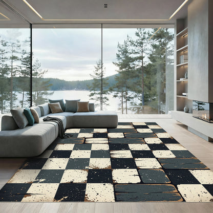 Distressed Monochrome Checkered Plank Floor Rug