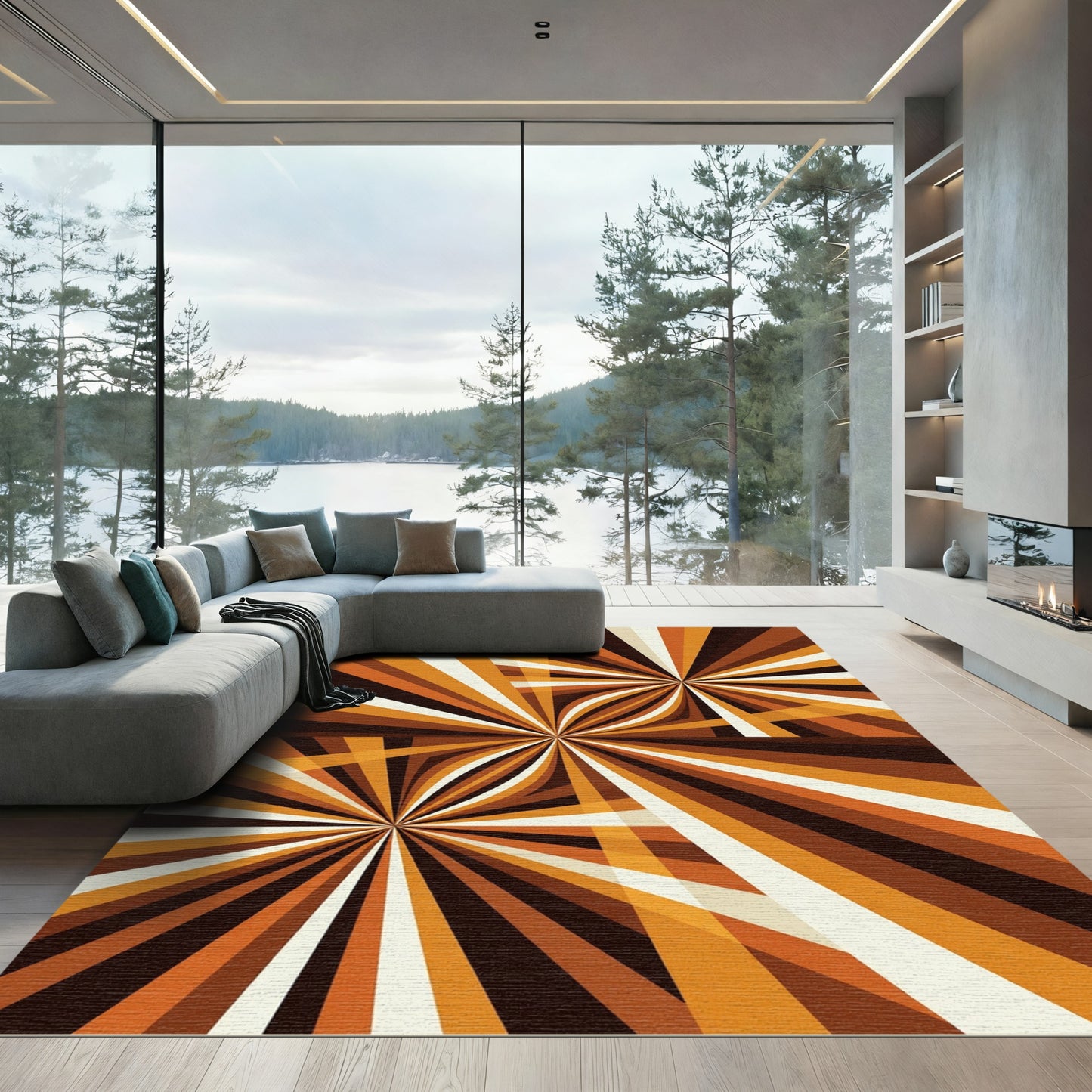 Amber Brown Geometric Radiant Solar Burst Rug