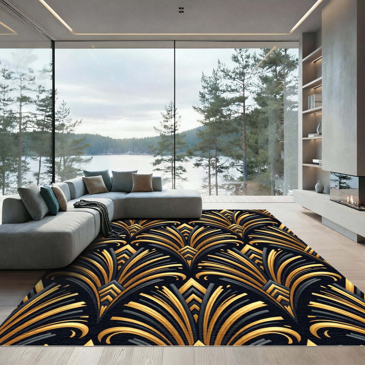 Art Deco Gold and Black Fan Rug