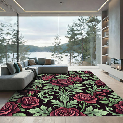 Elegant Crimson Rose Damask Botanical Rug