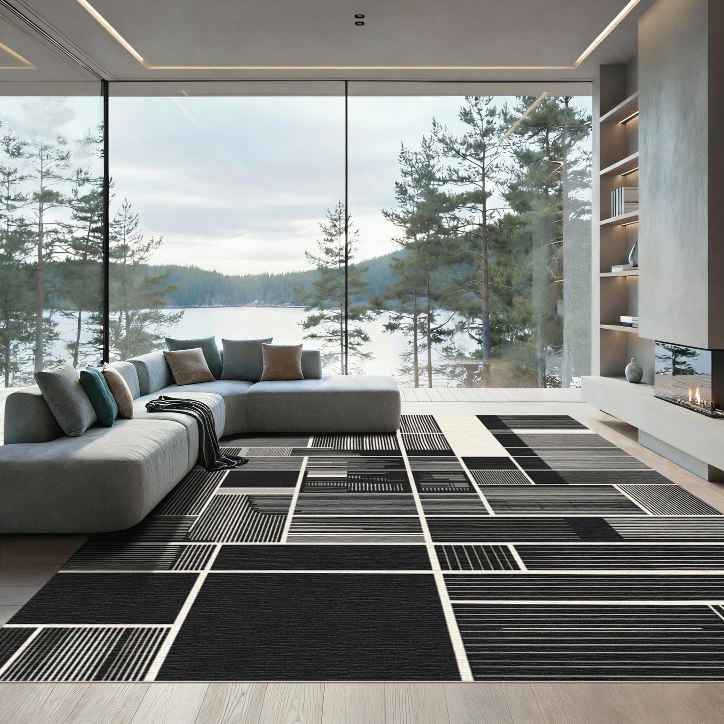 Geometric Black and Cream Stripe Collage Rug