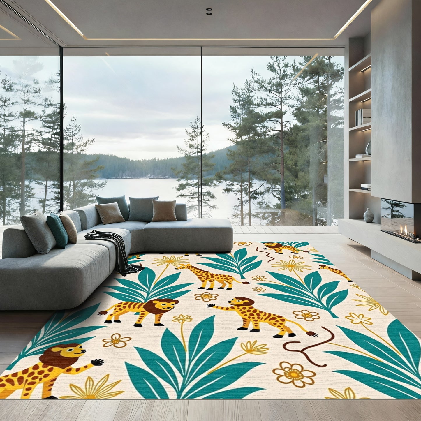 Whimsical Safari Animals Teal Foliage Rug