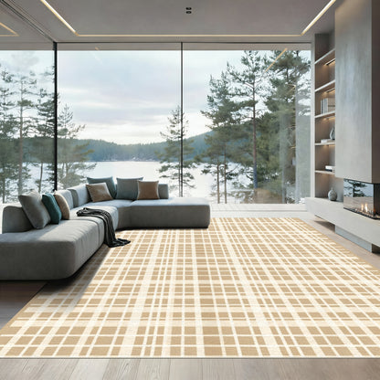 Earthy Beige Tan Plaid Fabric Rug