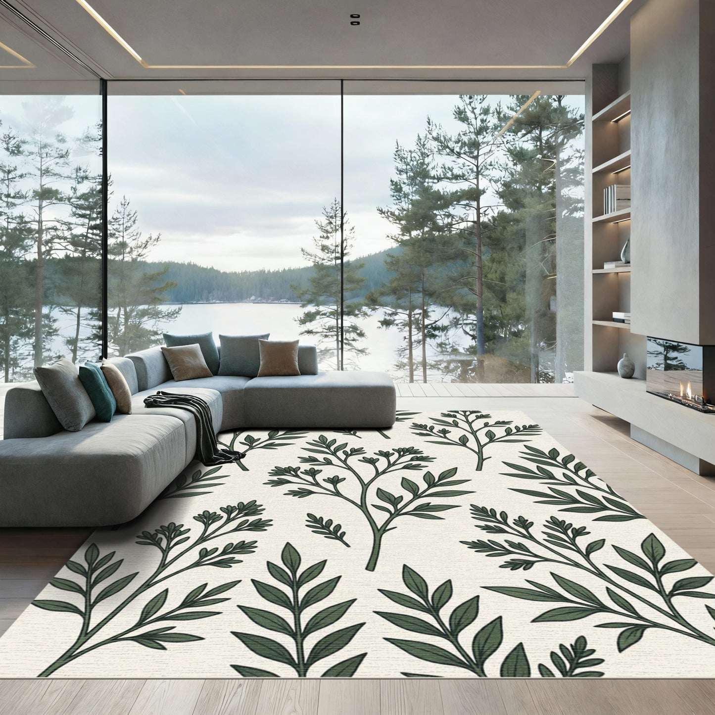 Elegant Dark Green Botanical Foliage Rug