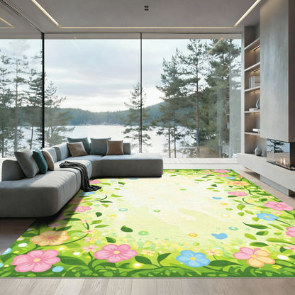 Whimsical Pink Blue Yellow Floral Garden Rug