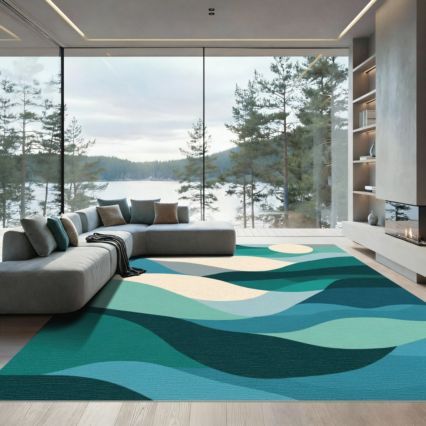 Abstract Teal Ocean Wave Landscape Rug