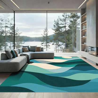 Abstract Teal Ocean Wave Landscape Rug