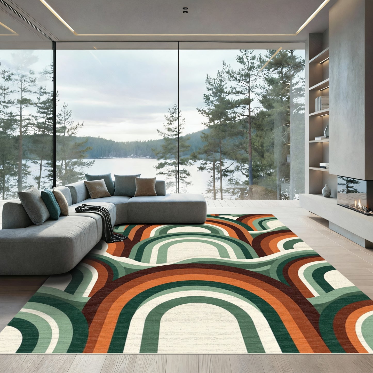 Retro Mid Century Arched Rainbow Waves Rug