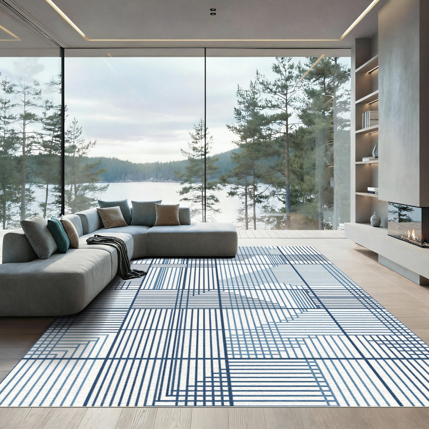 Modern Blue Line Art Geometric Rug