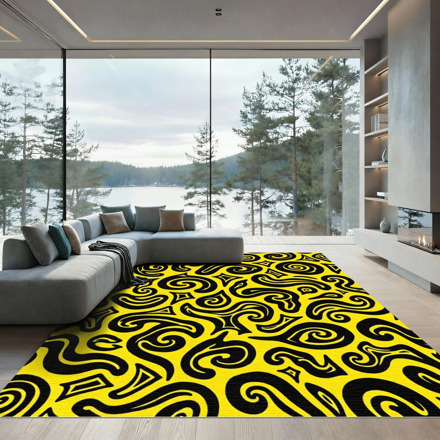 Bold Yellow Black Abstract Swirls Rug