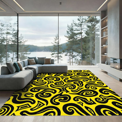 Bold Yellow Black Abstract Swirls Rug