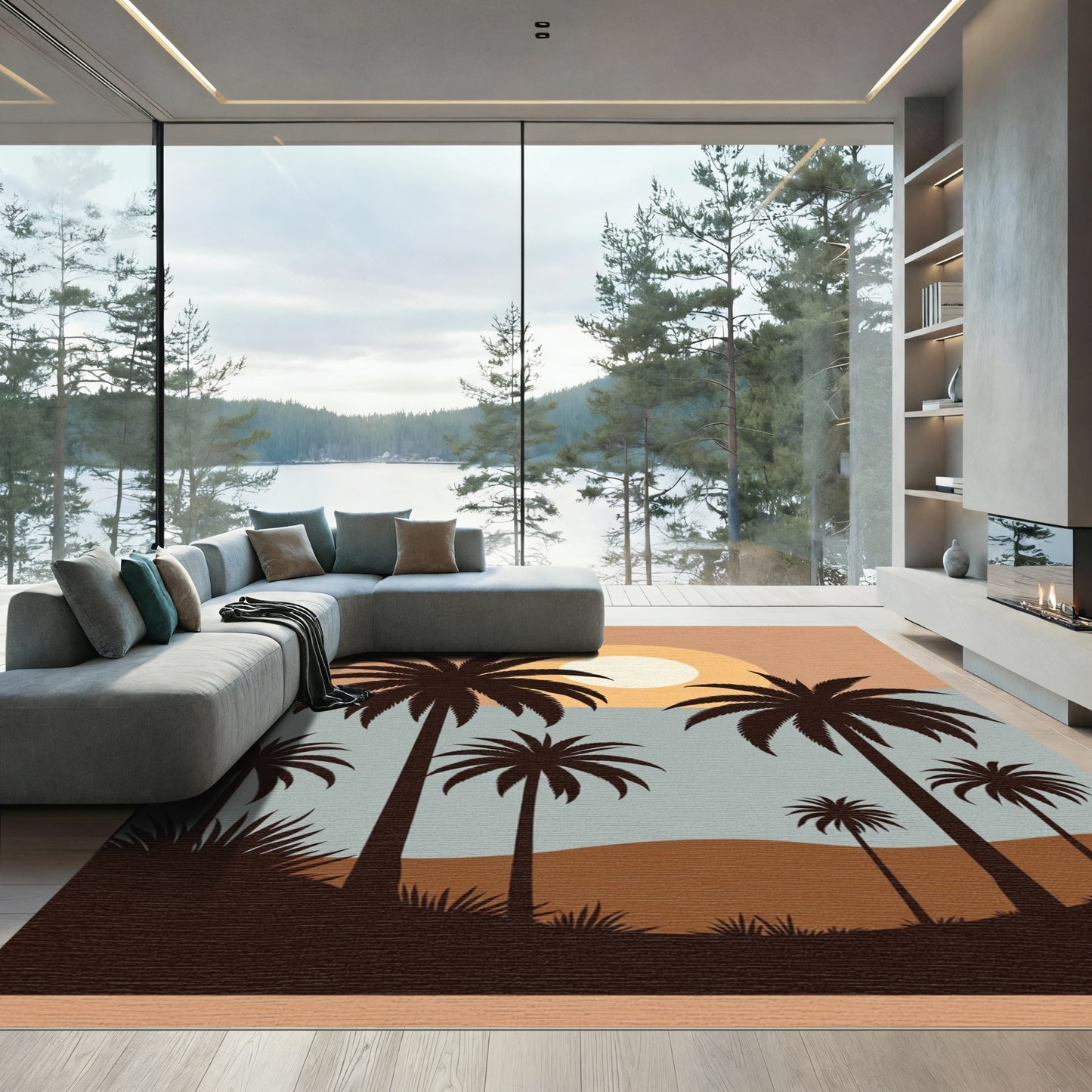 Earthy Palm Trees Sunset Landscape Rug
