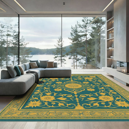 Teal Gold Floral Medallion Border Rug