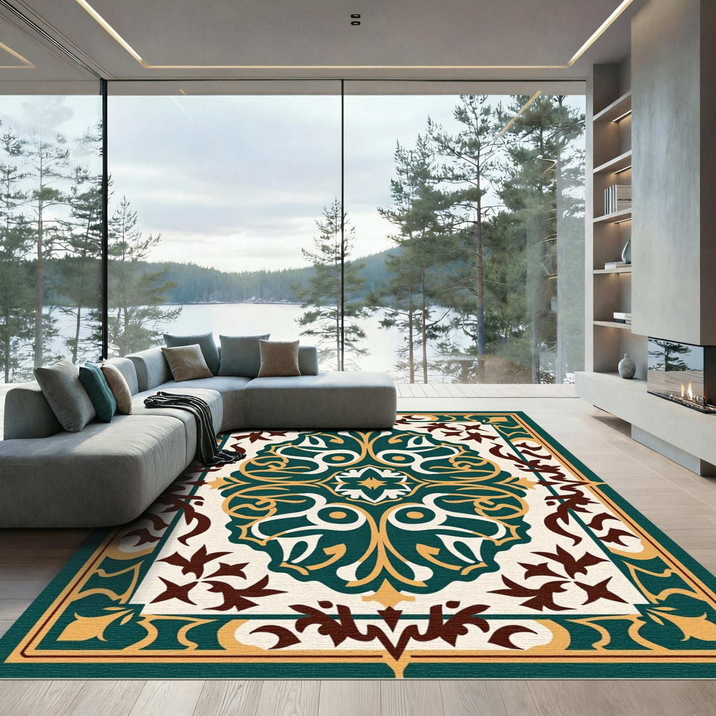 Deep Teal Golden Medallion Arabesque Rug