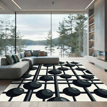 Geometric Black Orb Grid Rug