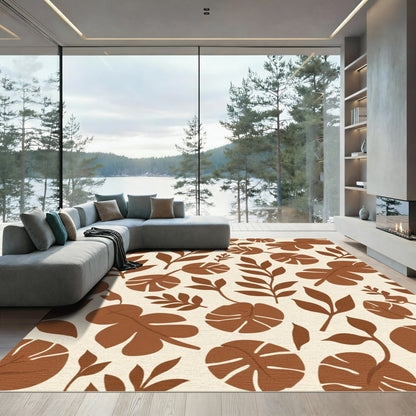 Earthy Brown Tropical Leaf Arrangement Rug