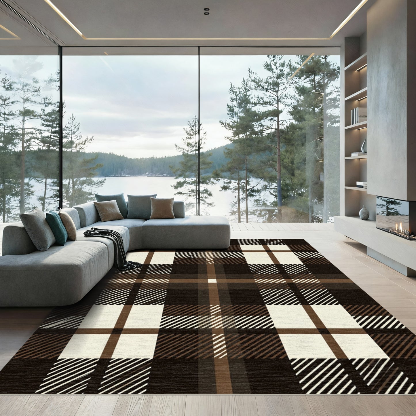 Classic Brown Cream Plaid Check Rug