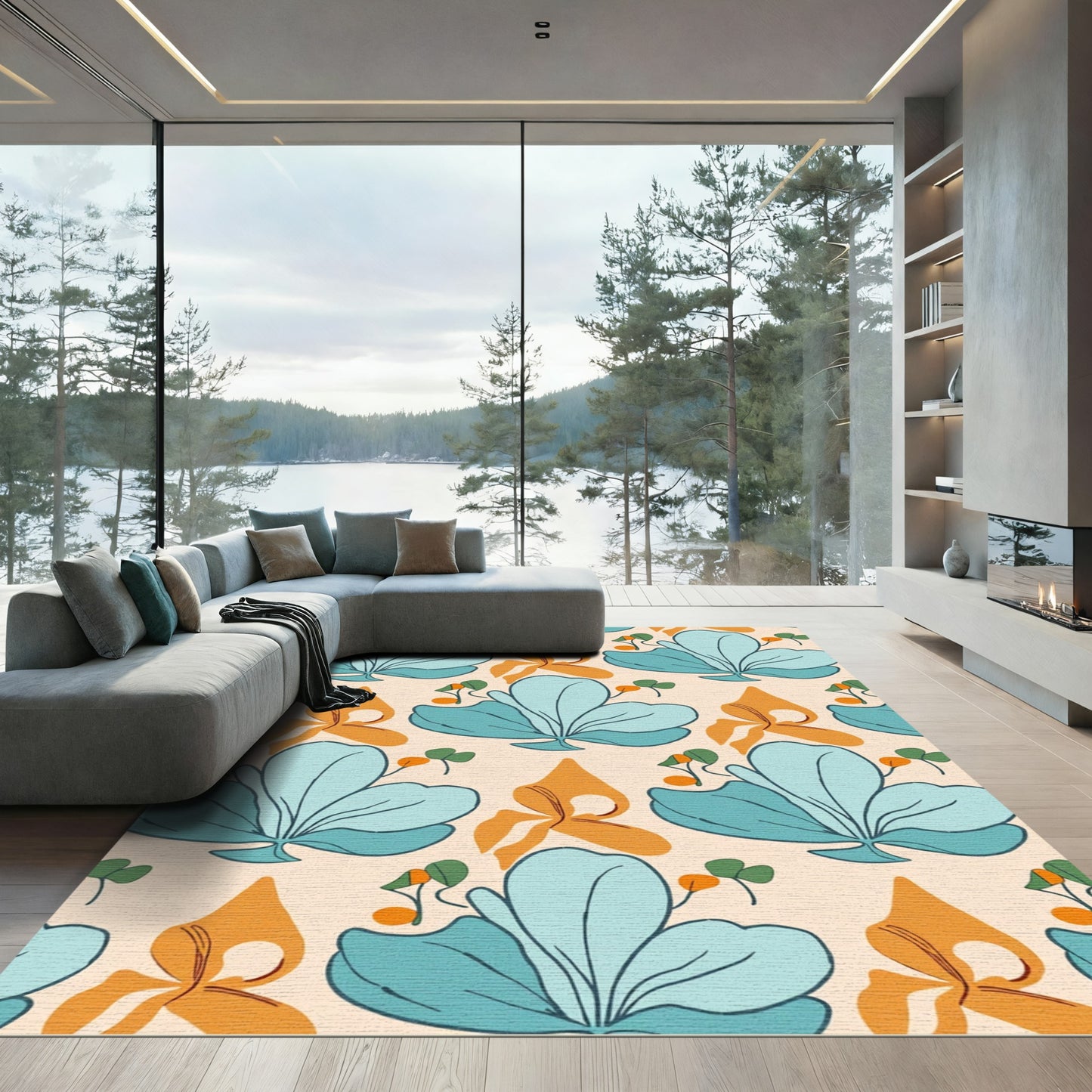 Serene Teal Orange Blossom Accents Rug