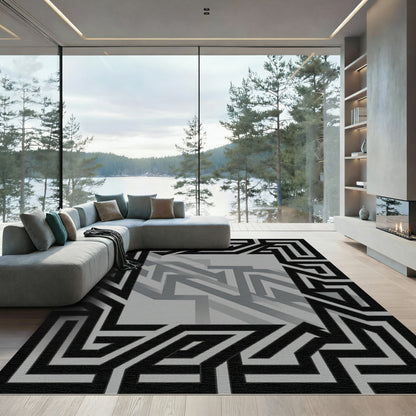 Bold Black Geometric Maze Rug