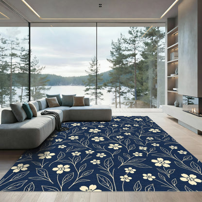 Cream Floral Vine Navy Background Rug