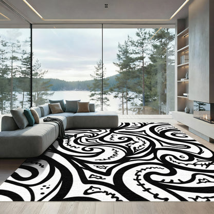 Black White Abstract Swirling Brushstroke Rug
