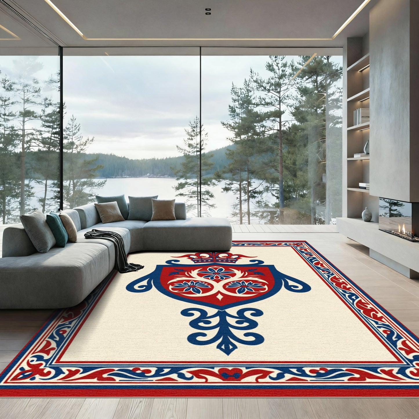 Crimson Blue Crested Emblem Rug