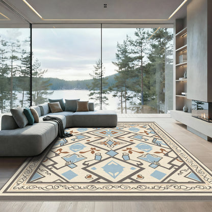 Cream Blue Brown Geometric Symmetry Rug